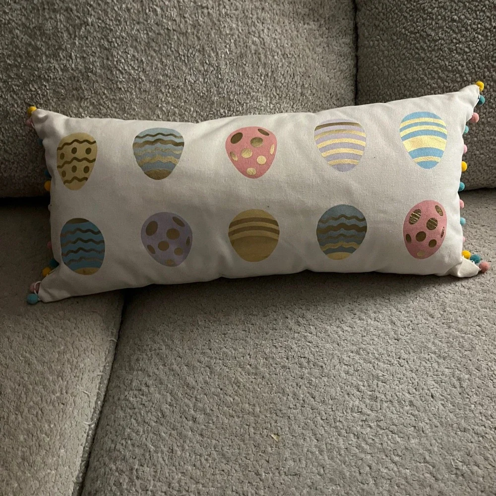 Easter Egg Lumbar‎ Pillow Pastel Gold Foil Pom Pom Trim Spring Decor White
